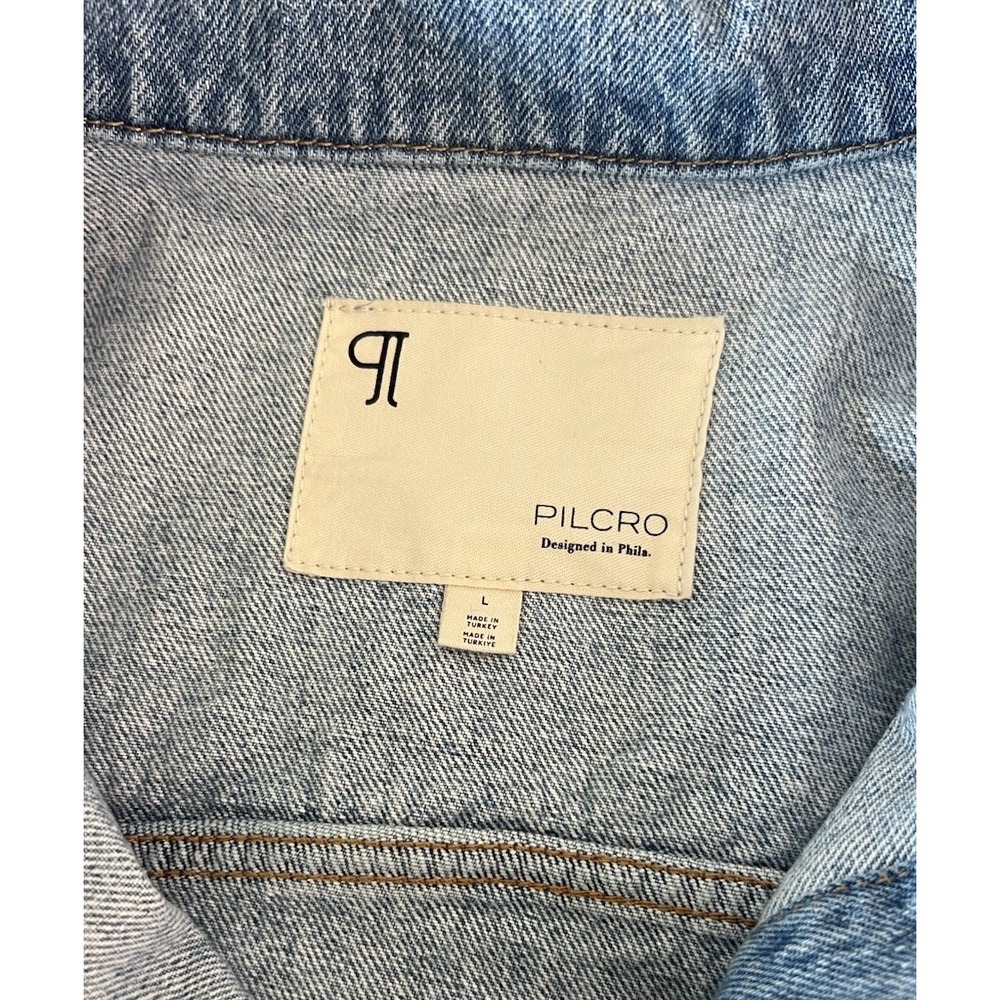 Pilcro Women's Weston Boyfriend Denim Jacket Sz L Blue Distressed Pockets Boho - Picture 3 of 8